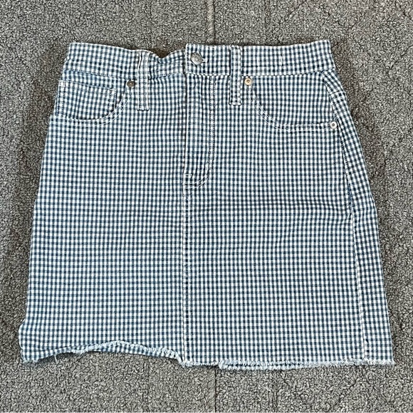 Madewell Jean Mini Skirt Womens 26 Blue White Checkered Stretch Denim Straight - Picture 1 of 10